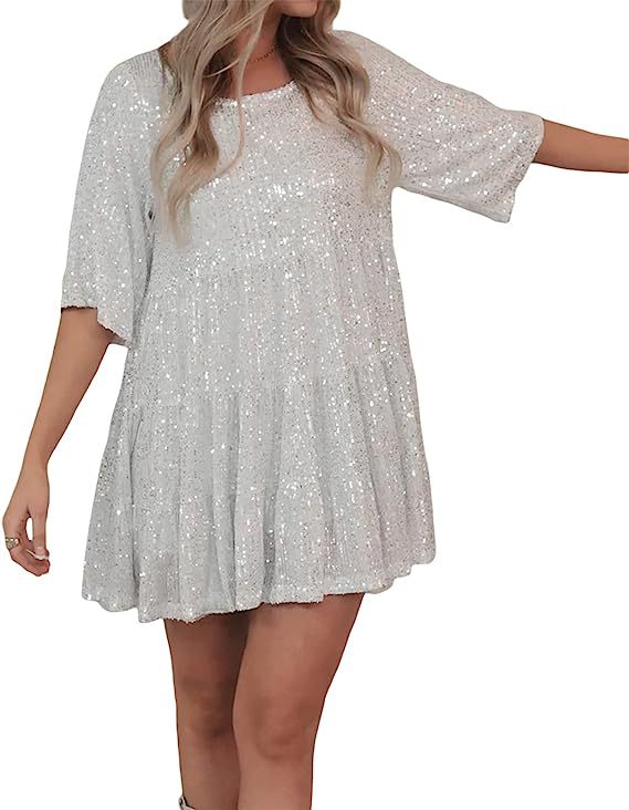 Women's Flashing Sequins Half Sleeve Round Neck Dresses