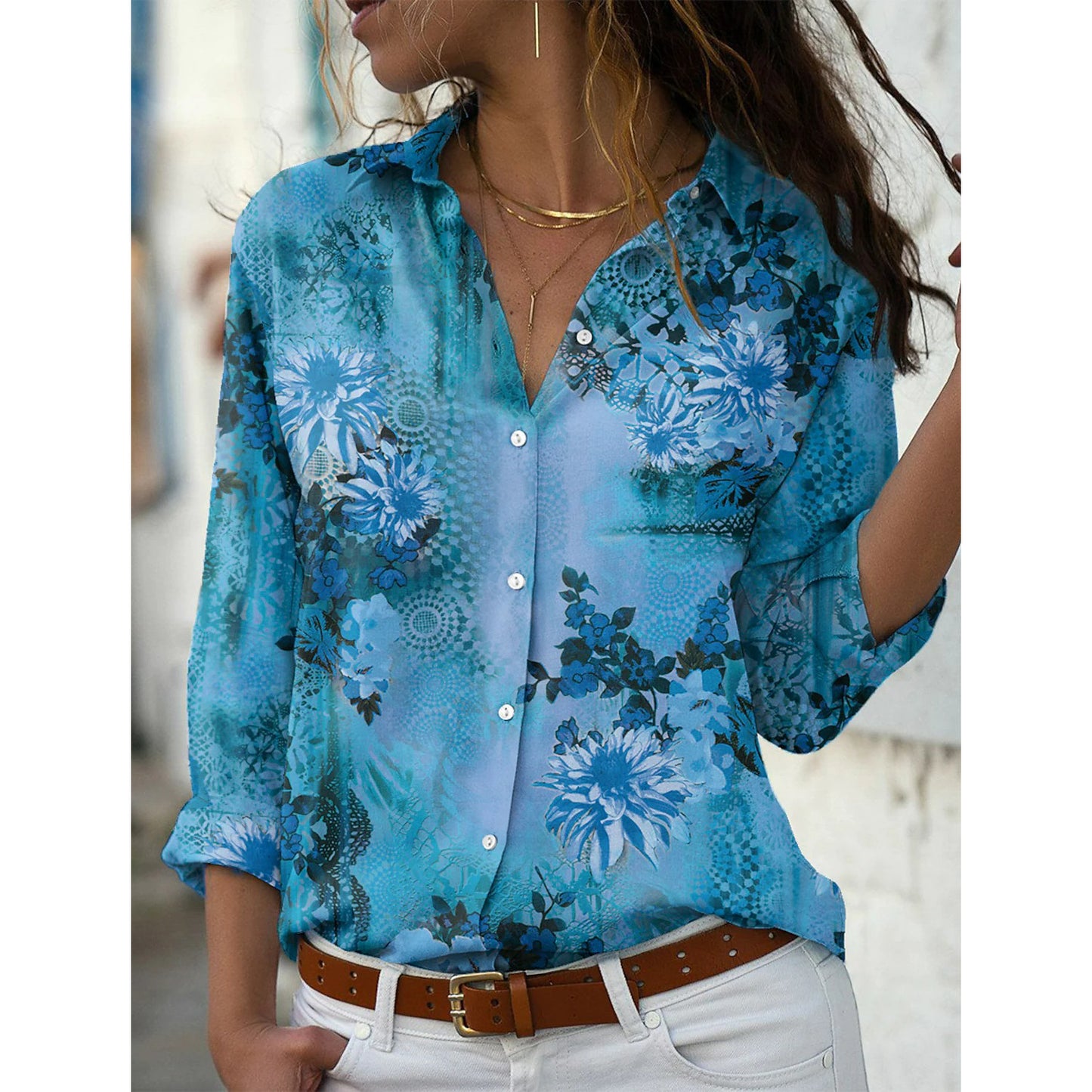 Women's Floral Print Shirt Ladies Long Sleeve Blouses