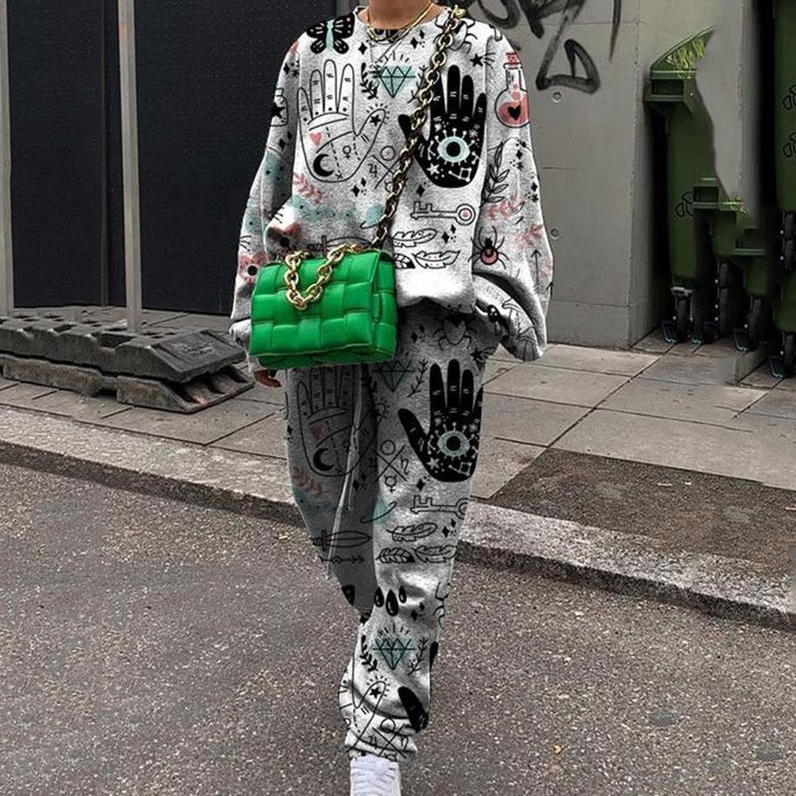 Women's Casual Round Neck Loose Printed Basic Suits