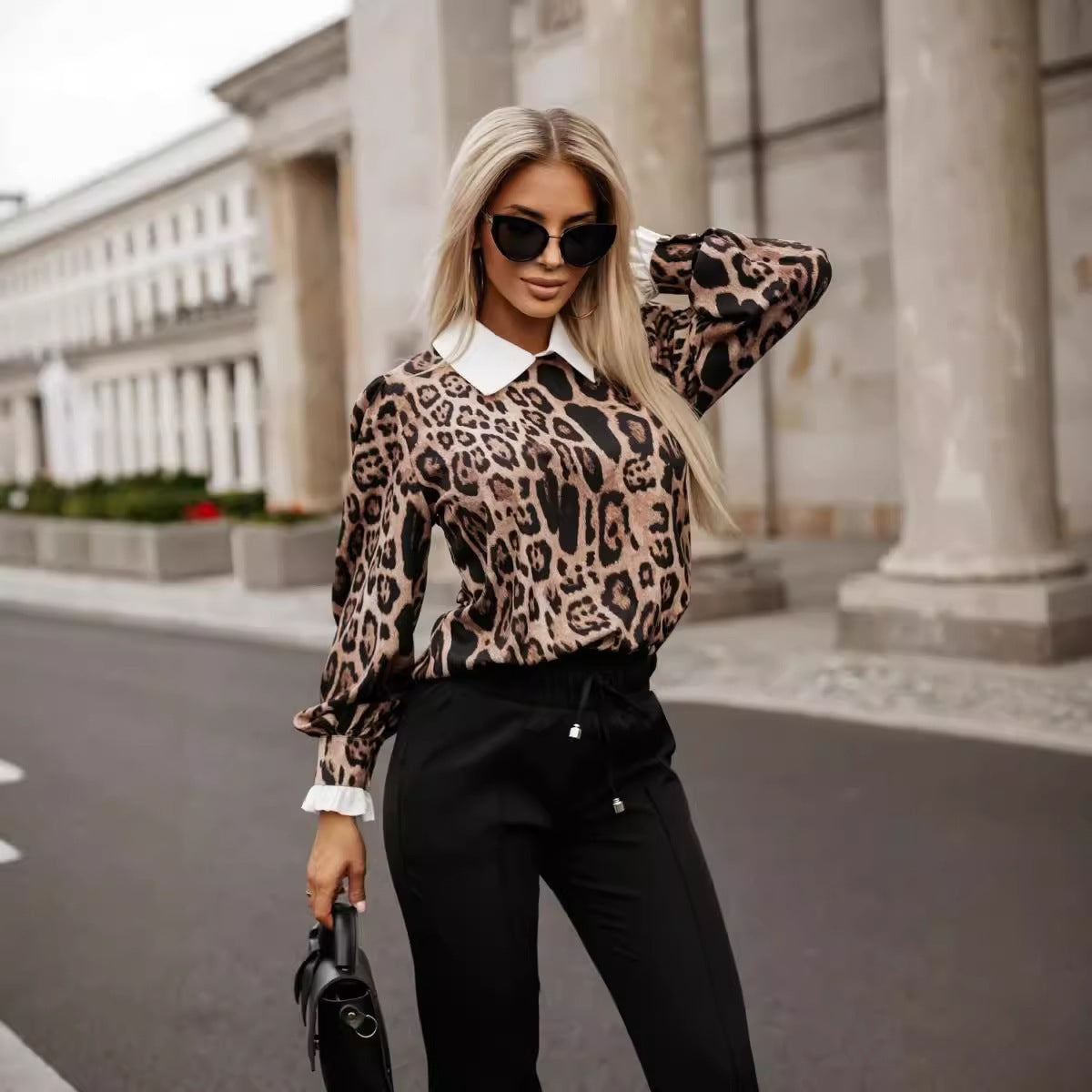 Women's Fashion Fake Two Pieces Leopard Print Long-sleeved Blouses