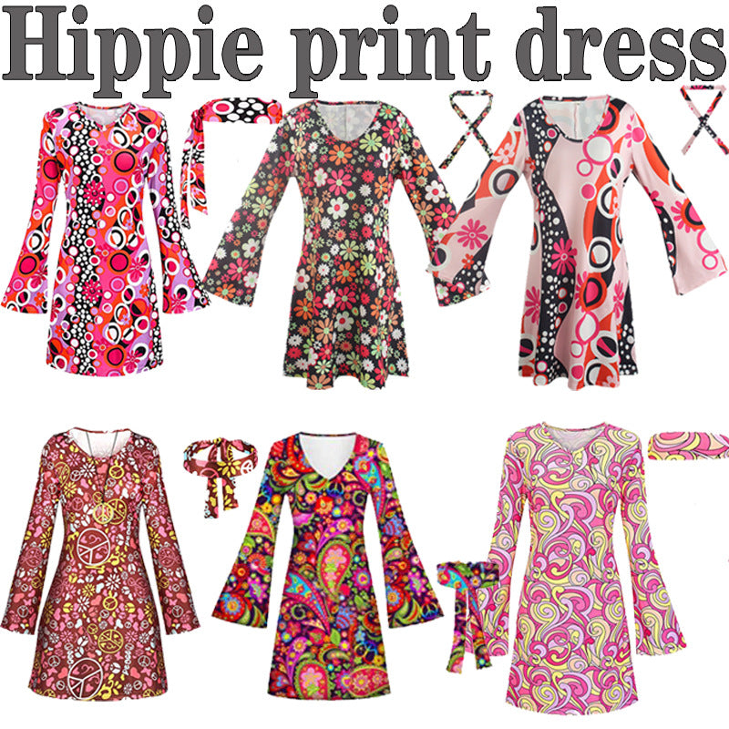 Robe imprimée hippie du siècle d'Halloween pour femmes pour costumes