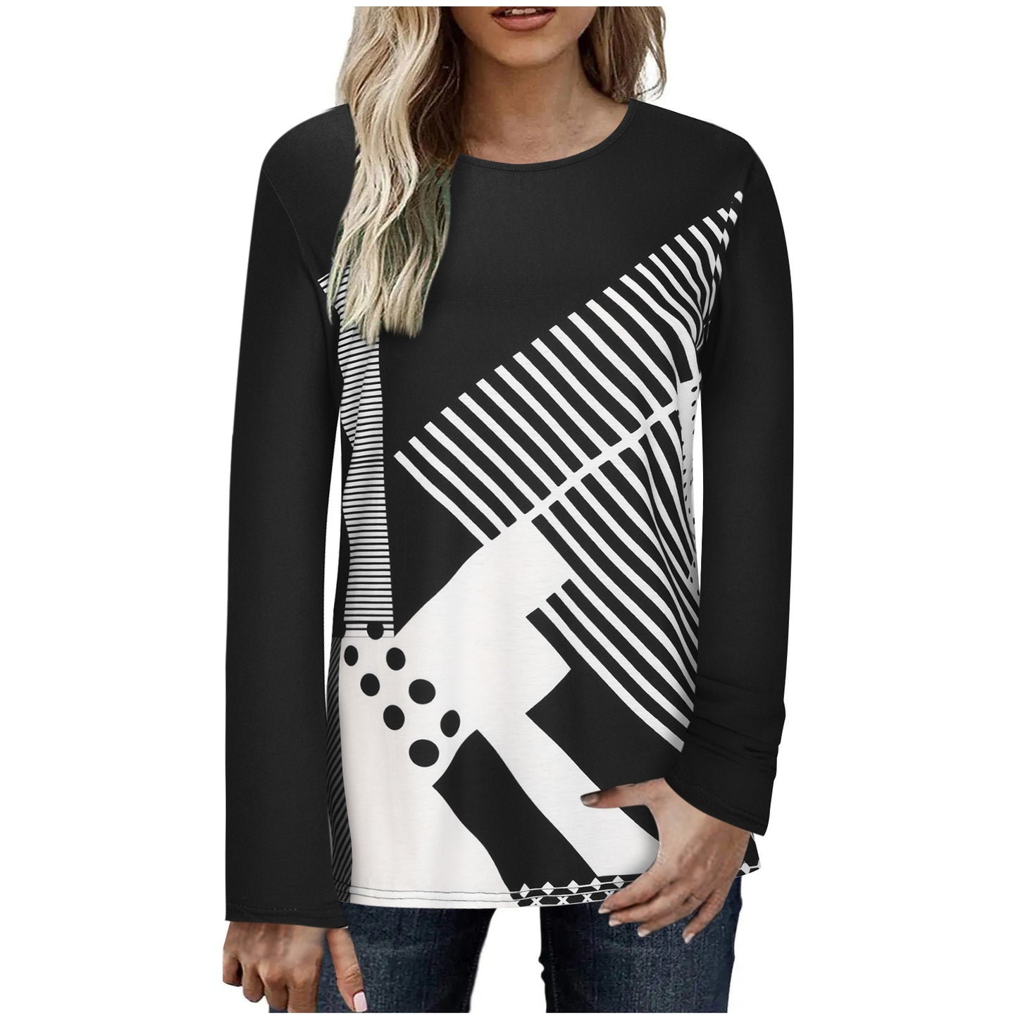 Women's Geometric Color Matching Long-sleeved T-shirt Blouses