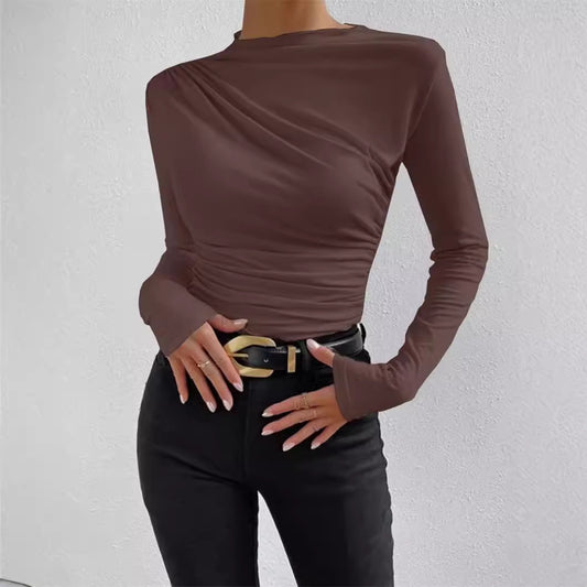 Women's Color Elegant Slim Fit Pleated Design Long-sleeved Blouses