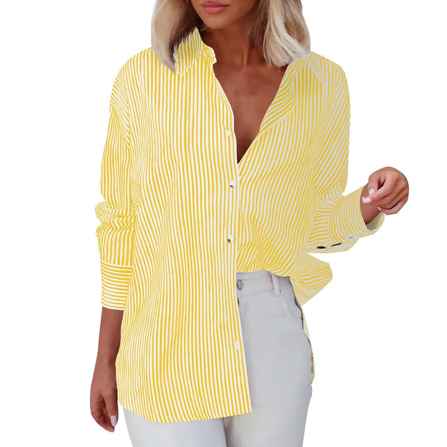 Women's With Pocket Loose Striped Classic Long Blouses