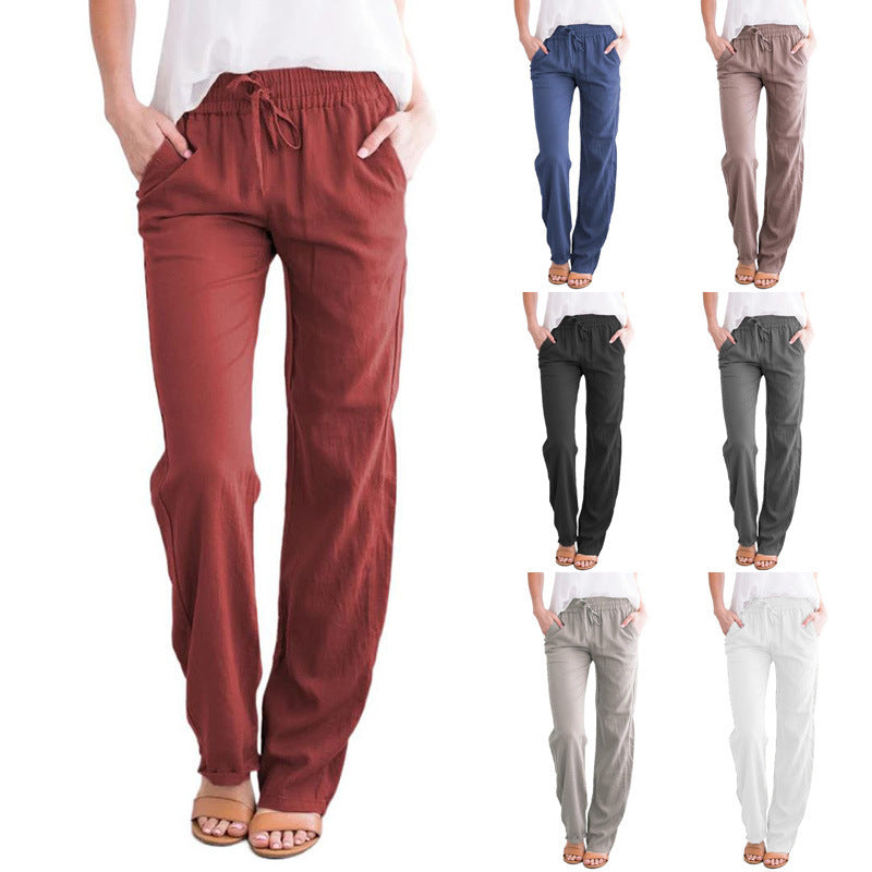 Pantalon décontracté ample en coton et lin de couleur unie pour femme avec cordon de serrage