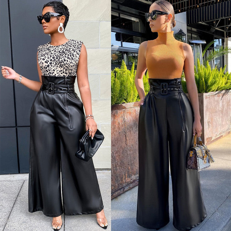 Women's Fashion High Waist Leather Nightclub Metal Belt Wide Leg Pants