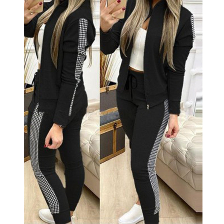 Women's Long Sports Zipper Stitching Plaid Suits