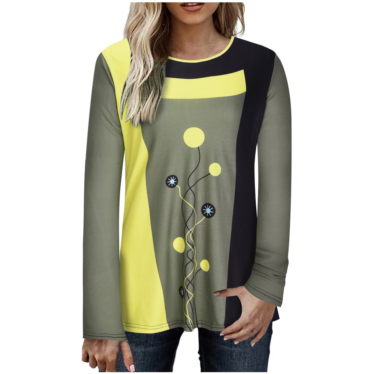 Women's Geometric Color Matching Long-sleeved T-shirt Blouses