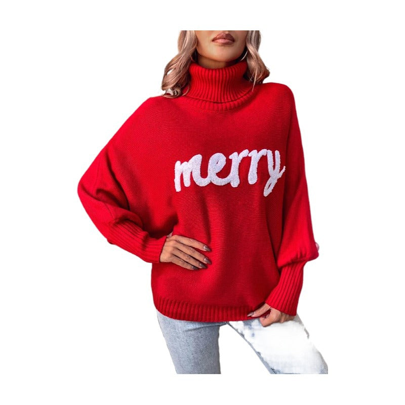 Women's Christmas Turtleneck Loose Batwing Sleeve Outer Sweaters