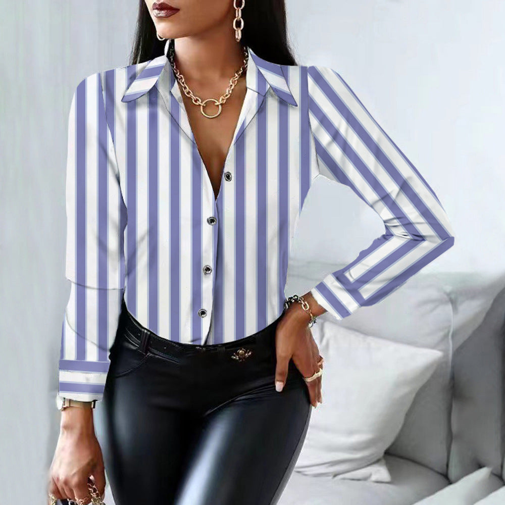 Women's Striped Printed Single-breasted Long Sleeve Shirt Blouses