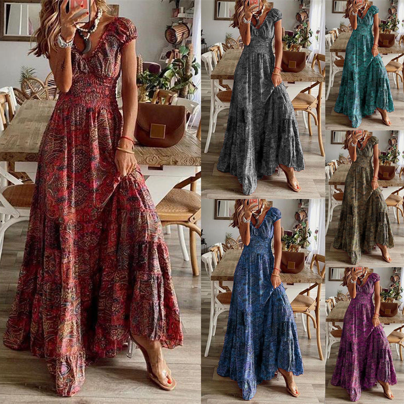 Long Dress Tight Waist Floral Print Dresses