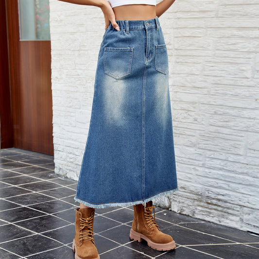 Women's Washed Frayed Hem Denim Midi Skirts