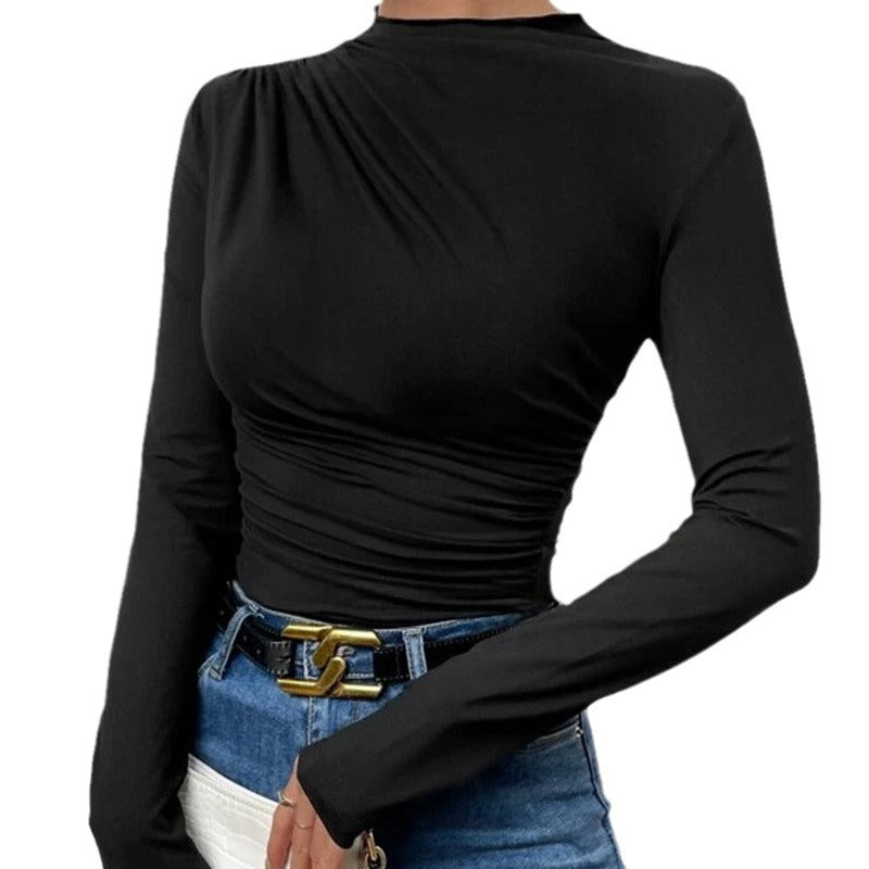 Women's Solid Color Bottoming Shirt Versatile Pleated Design Blouses