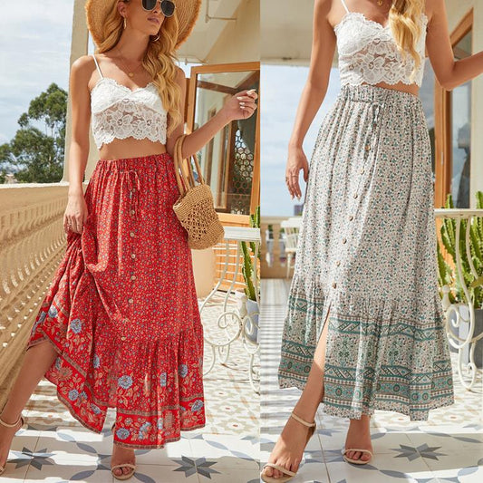 Women's Summer High Waist Print Breasted Split Skirts