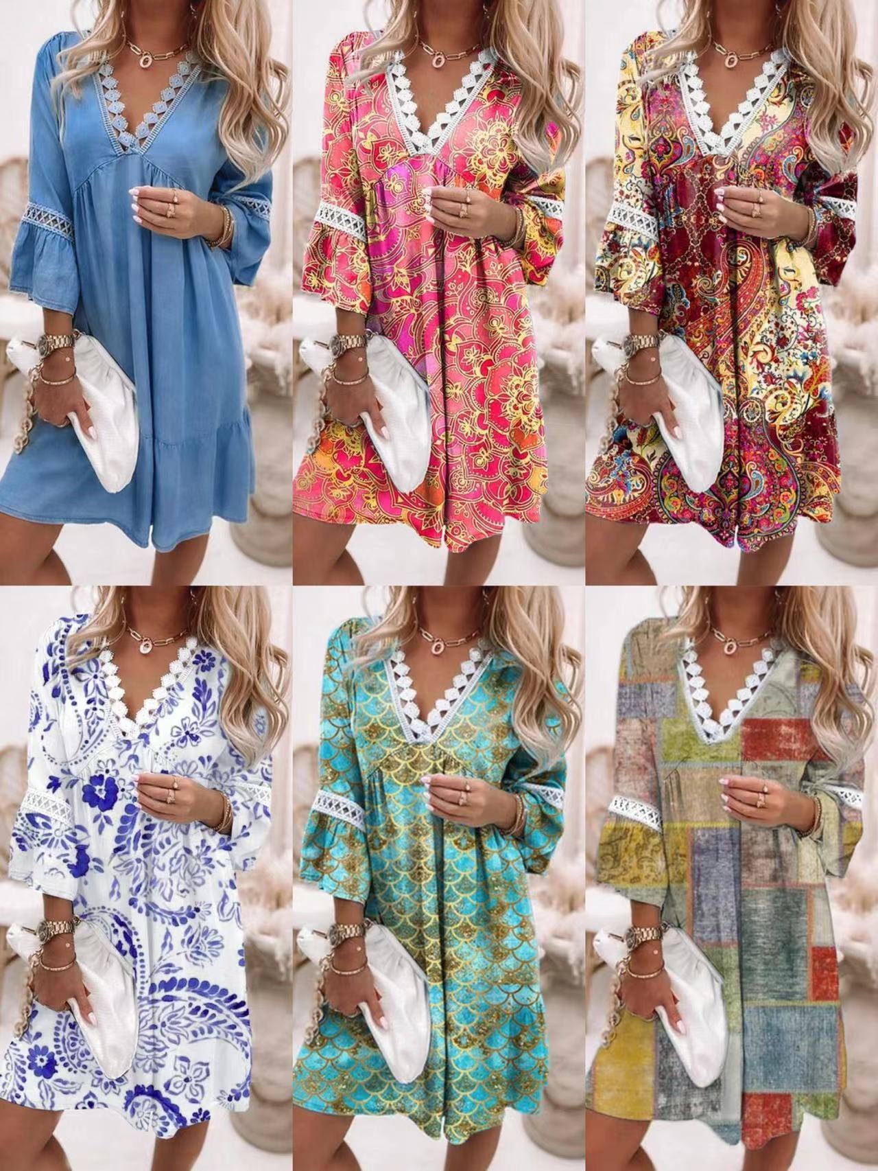 Spring V-neck Printed Lace Stitching Bohemian Casual Dresses