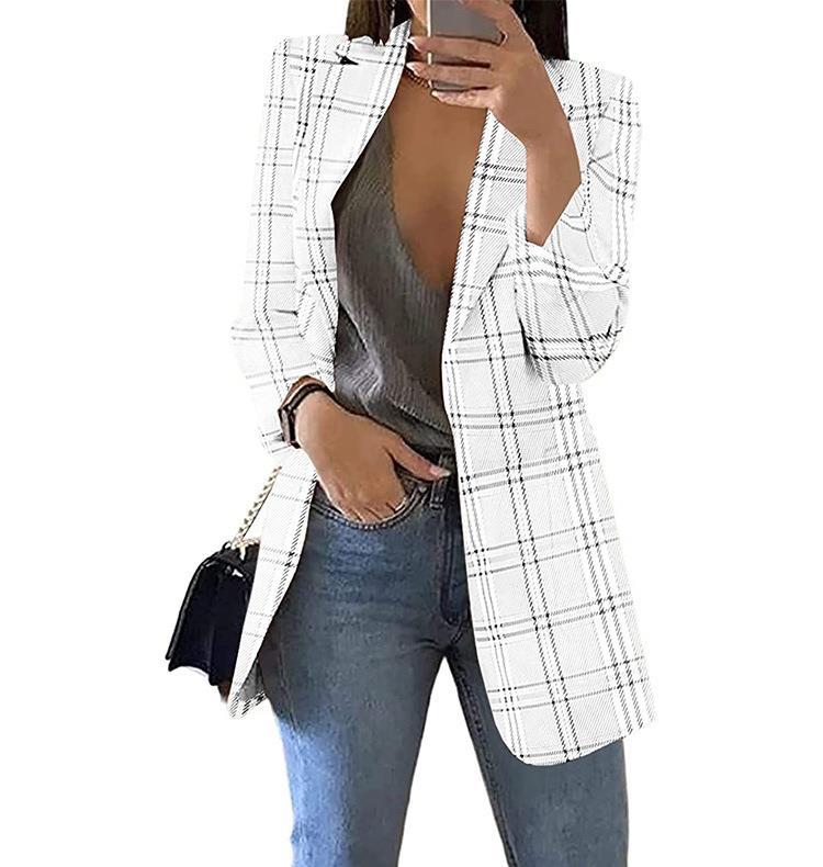 Blazer slim à revers à carreaux pour femme