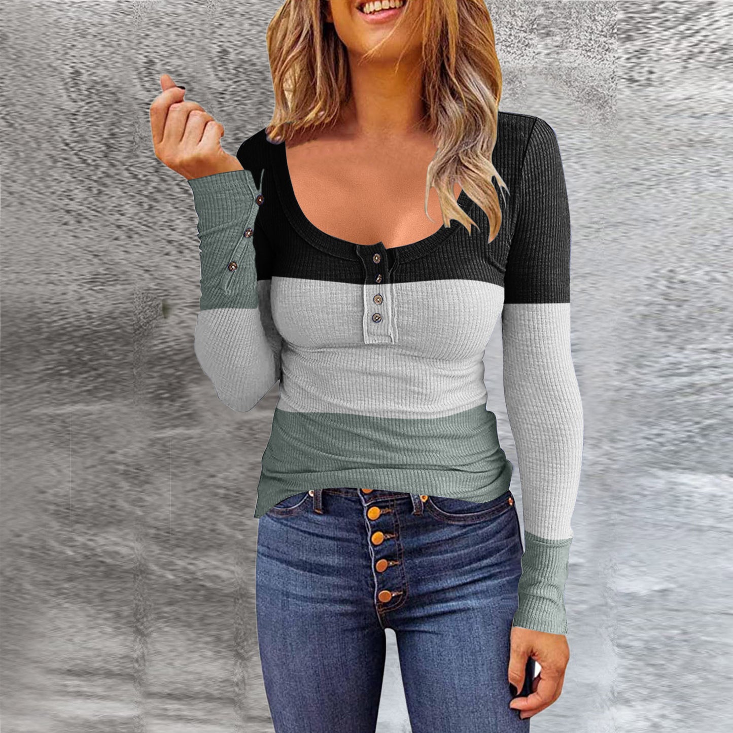 Women's T-shirt Round Neck Pullover Button Long Blouses