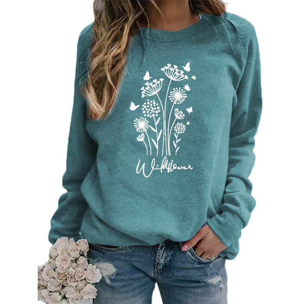 Women's Wild Grass Butterfly Printed Crew Neck Sweaters