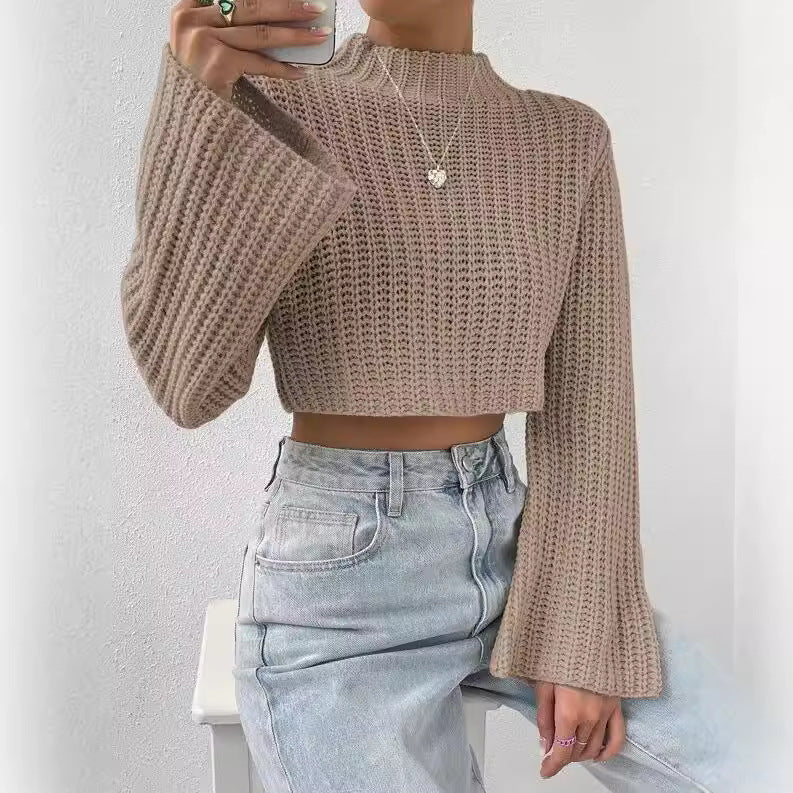 Women's Color High Waist Bell Sleeve Half Sweaters