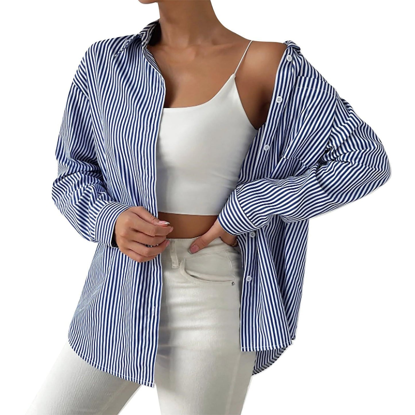 Women's With Pocket Loose Striped Classic Long Blouses