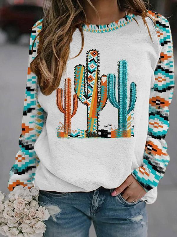 Women's Retro Printed Geometric Pattern Round Neck Long Sweaters