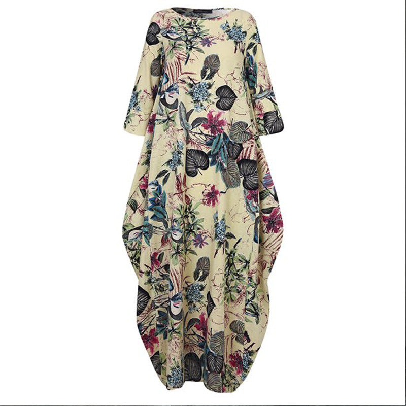 Women's Large Cotton Linen Printed Retro Pullover Dresses