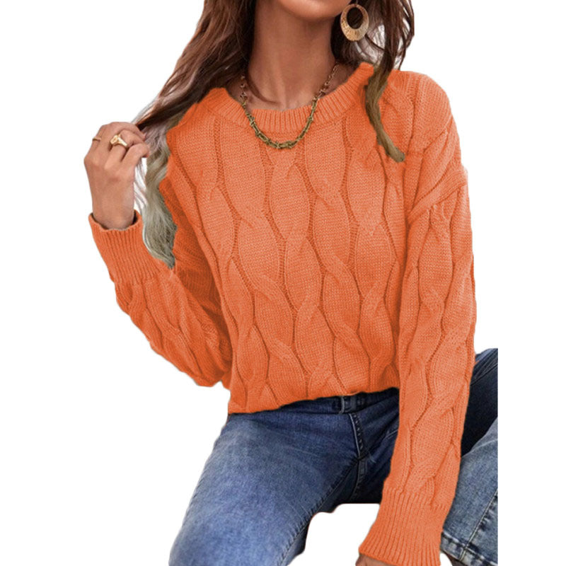 Women's Round Neck Solid Color Cable-knit Pullover Sweaters