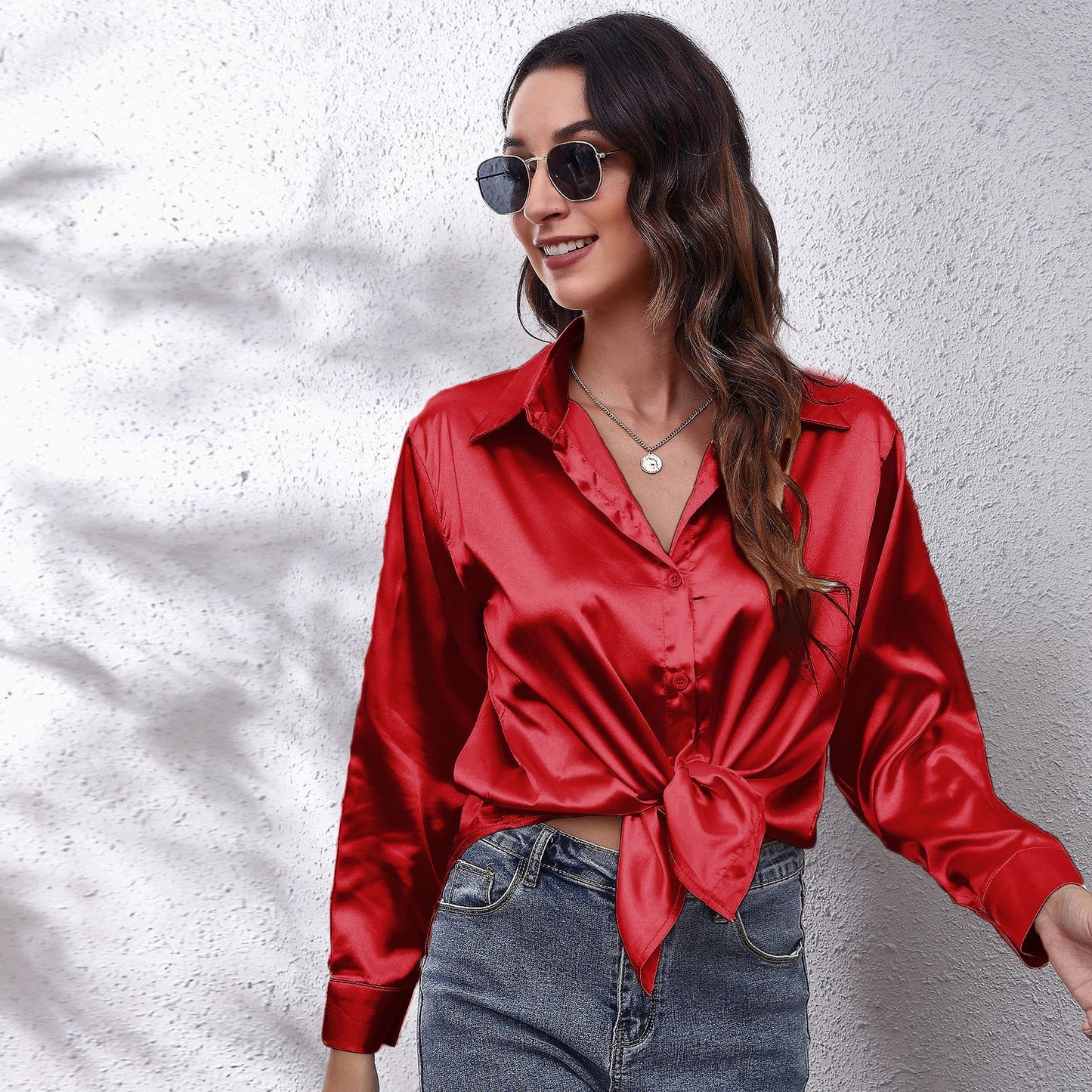 Women's Fashion Attractive Satin Shirt Long-sleeved Blouses