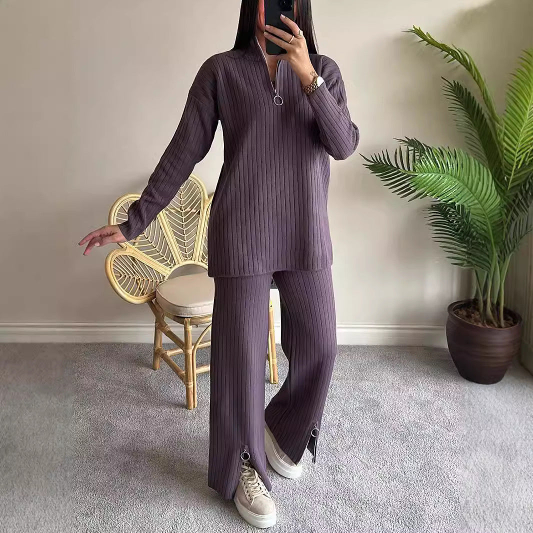 Women's Solid Color Zipper Knitting High Neck Ribbing Home Wear Suits