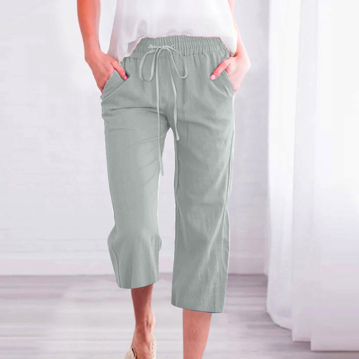 Pantalon décontracté ample en coton et lin pour femme avec poches droites