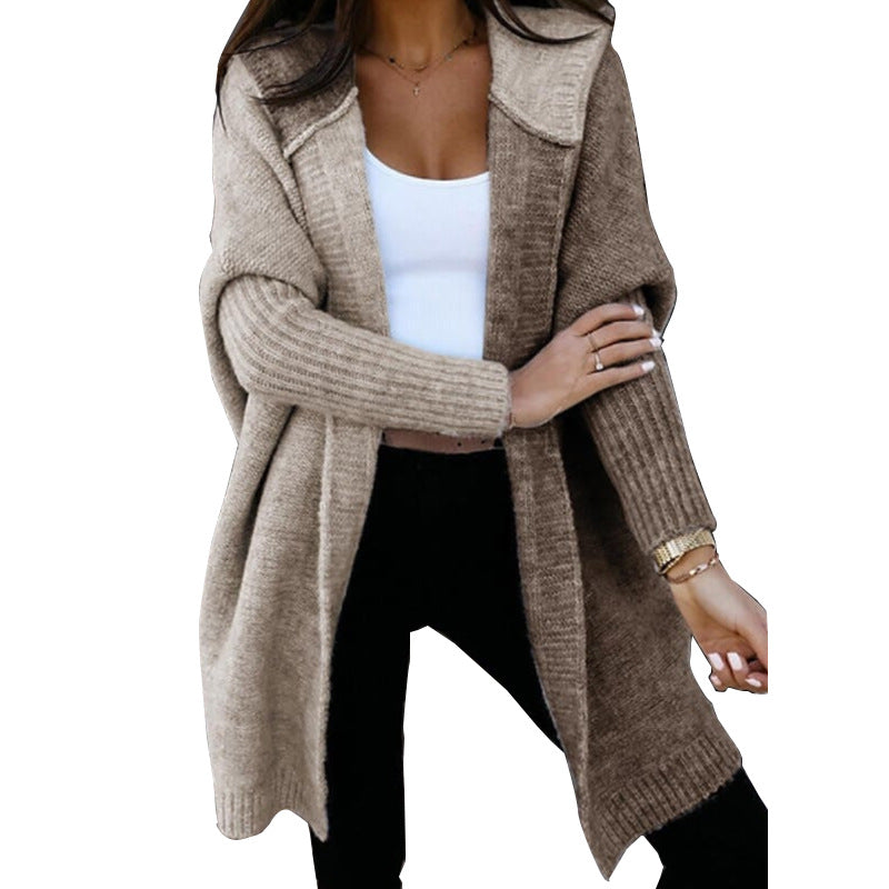 Women's Color Stitching Knitted Mid-length Hooded Sweaters