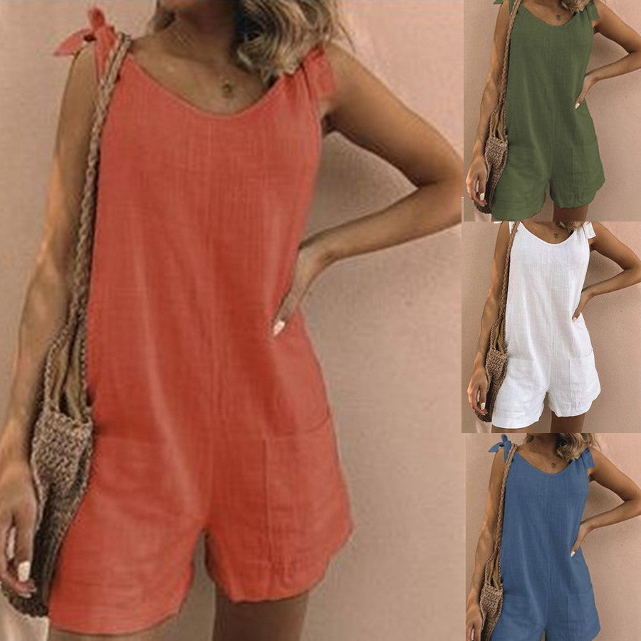 Women's Summer Solid Color Cotton And Linen Jumpsuits