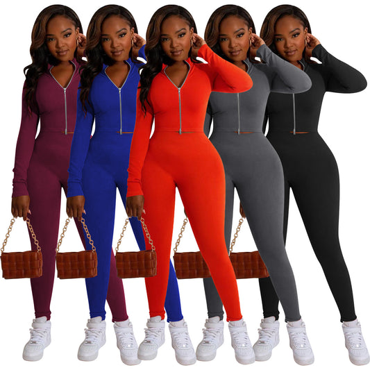 Women's Solid Color Double Zipper Sunken Stripe Suits