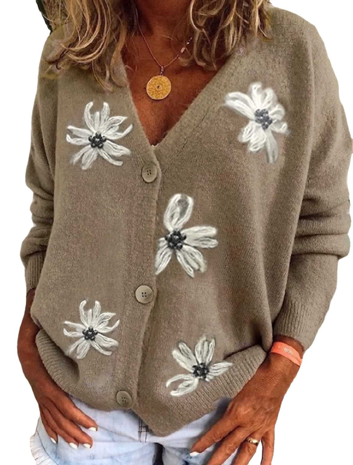 Versatile Women's Long-sleeved Embroidered V-neck Knitted Sweaters