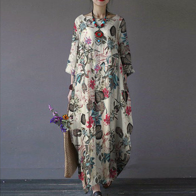 Women's Large Cotton Linen Printed Retro Pullover Dresses