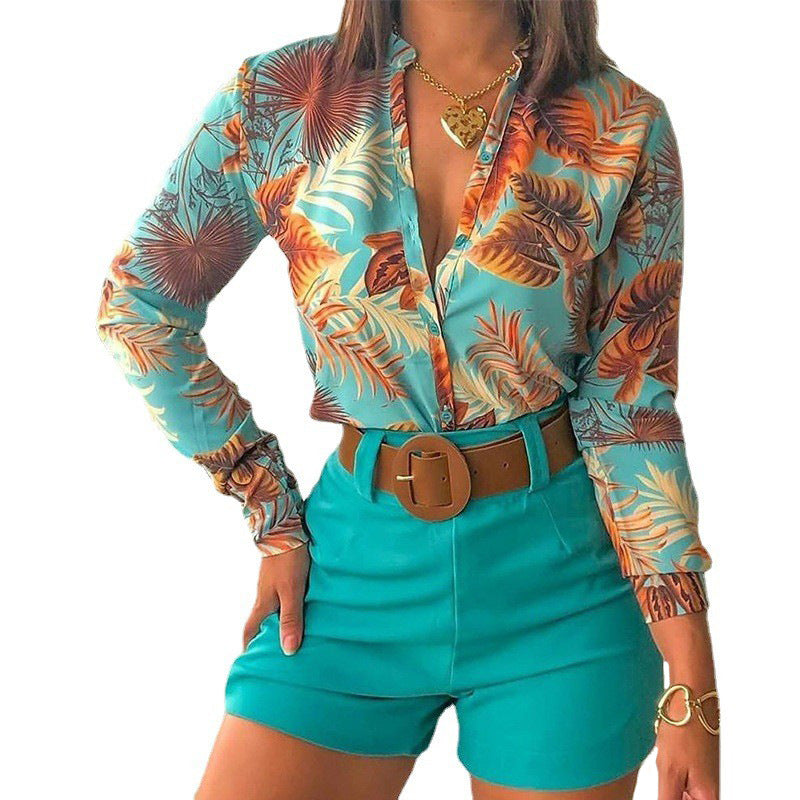 Women's Fashion Digital Printing Collar Long Sleeve Tops