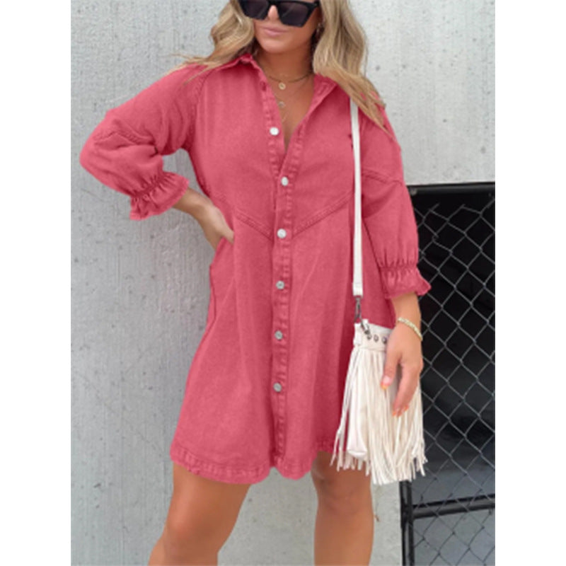 Washed Shirt Denim Lantern Sleeve Loose Dresses