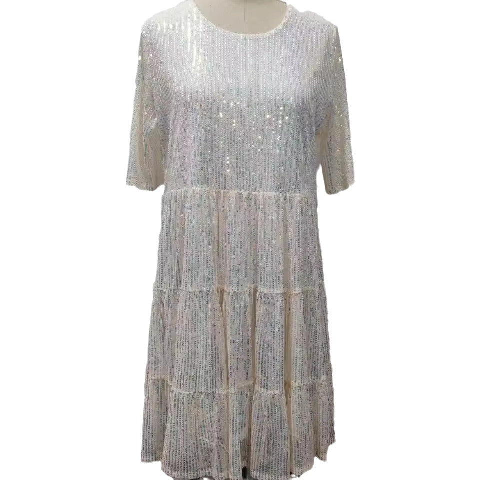 Women's Flashing Sequins Half Sleeve Round Neck Dresses