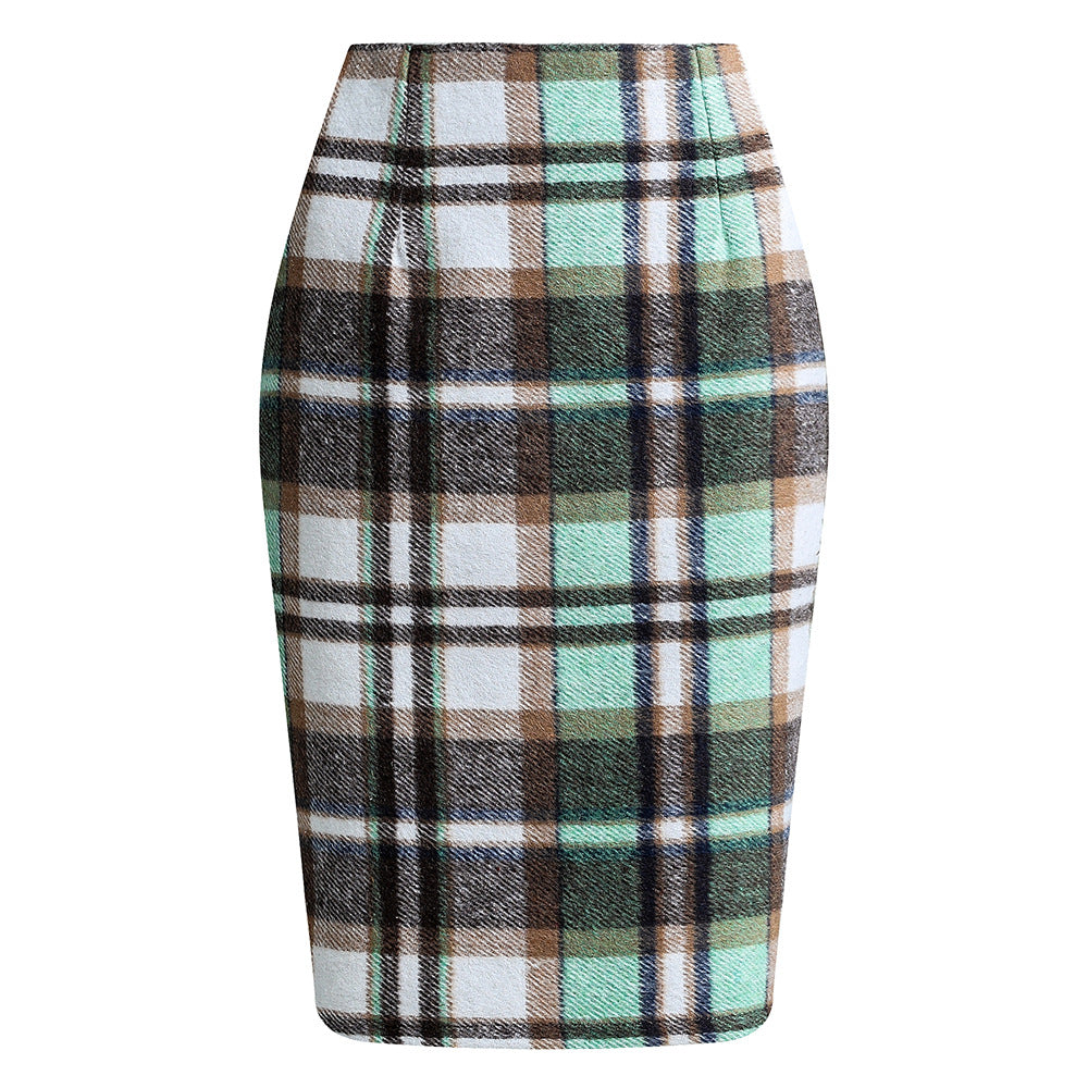 Women's Tartan High Waist Tight Knee-length Wool Skirts