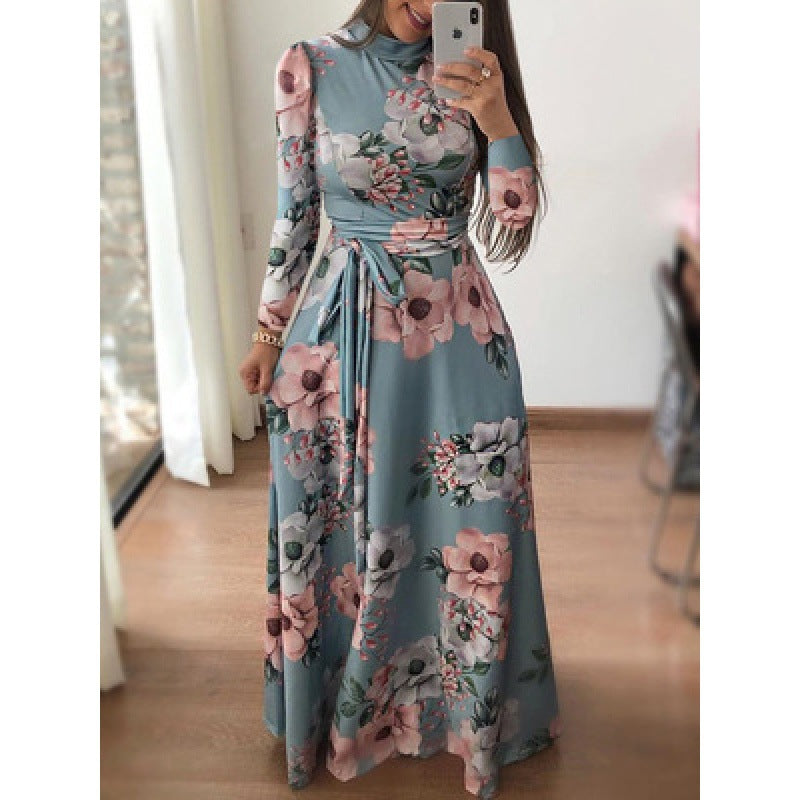 Women's Casual Printed Lace Up Maxi Dress Dresses