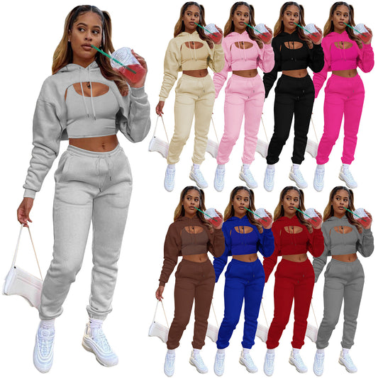 Women's Fashion Drawstring Hoodie Cotton Jogger Three-piece Suits