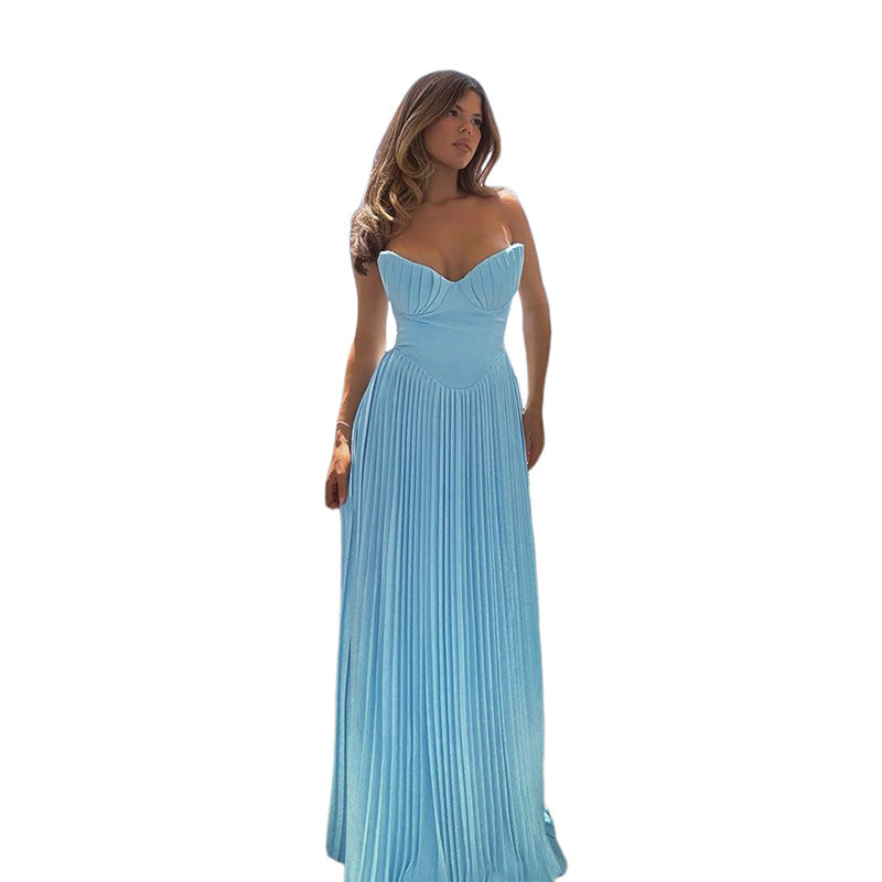 Women's Elegant Pleated Dress Tube Long Slim Dresses