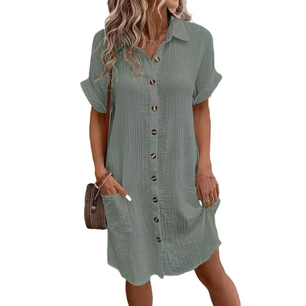 Women's Summer Simple Buttons Cotton Linen Dress Dresses