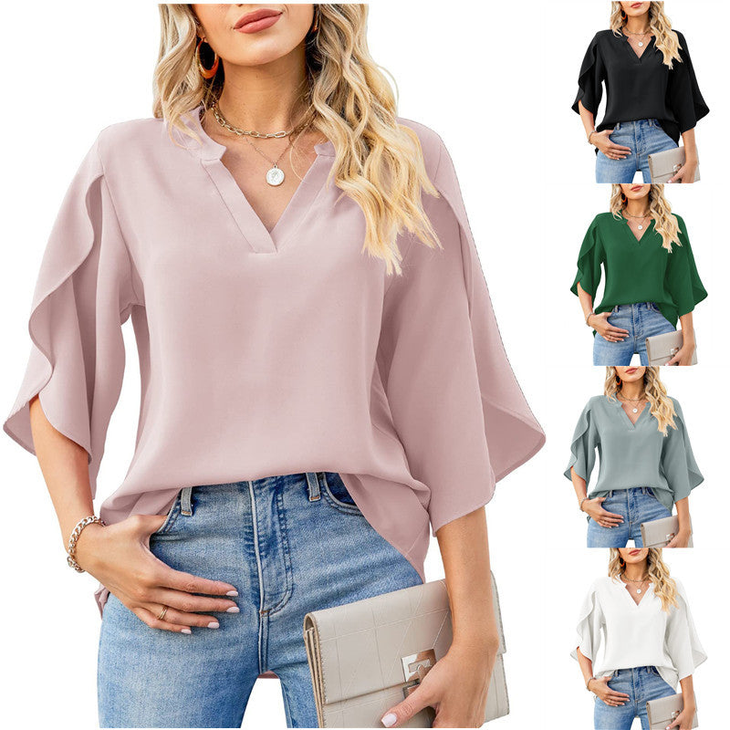 Women's Summer Petal Sleeve Loose Chiffon Shirt Blouses