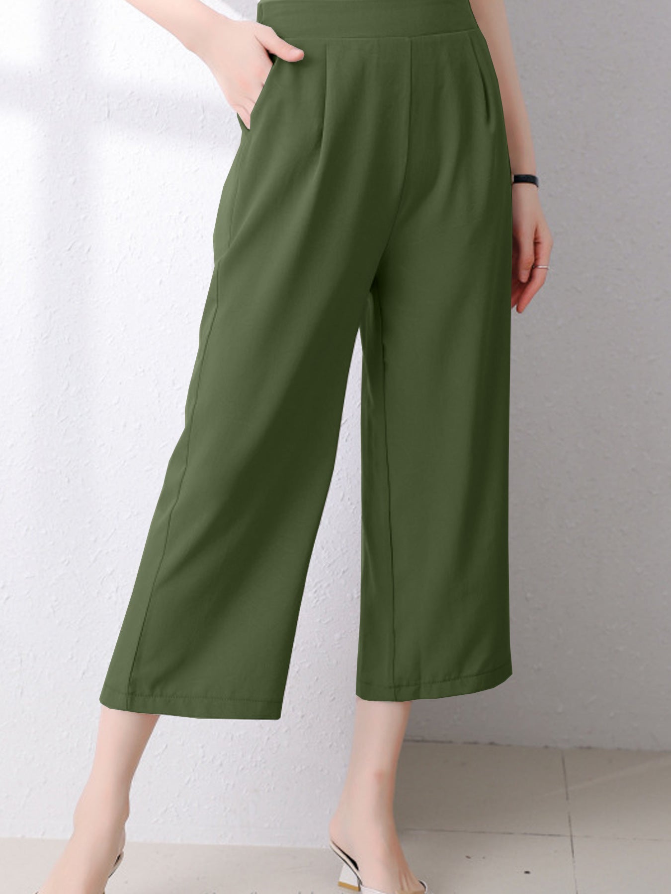 Pantalon fin taille haute élastique court pour femme