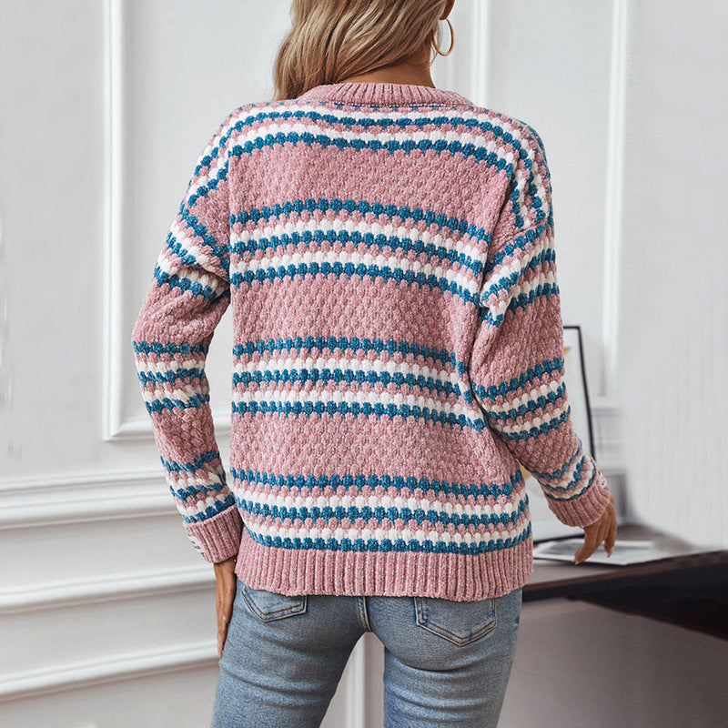 Women's Color Striped Round Neck Pullover Chenille Loose Sweaters