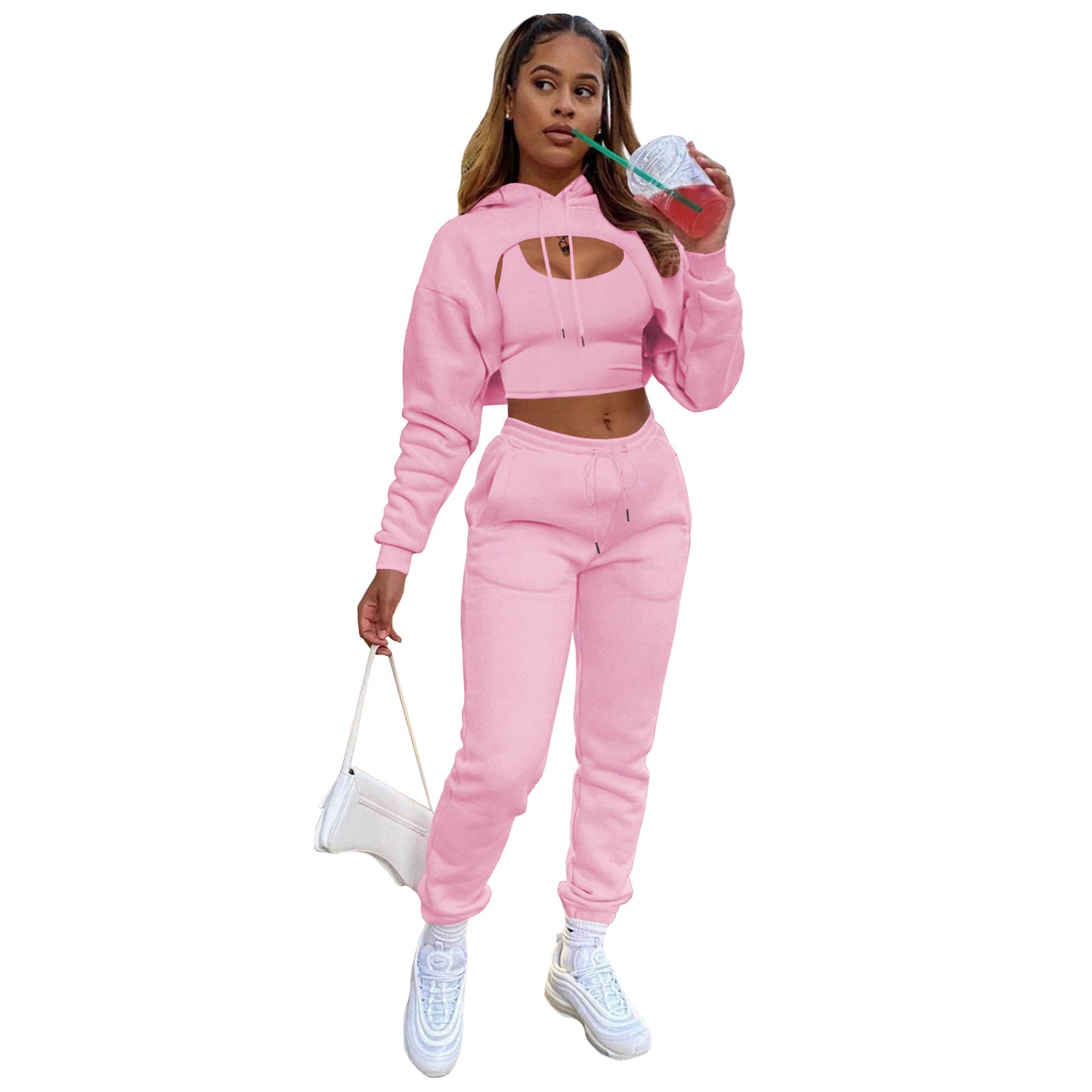 Women's Fashion Drawstring Hoodie Cotton Jogger Three-piece Suits