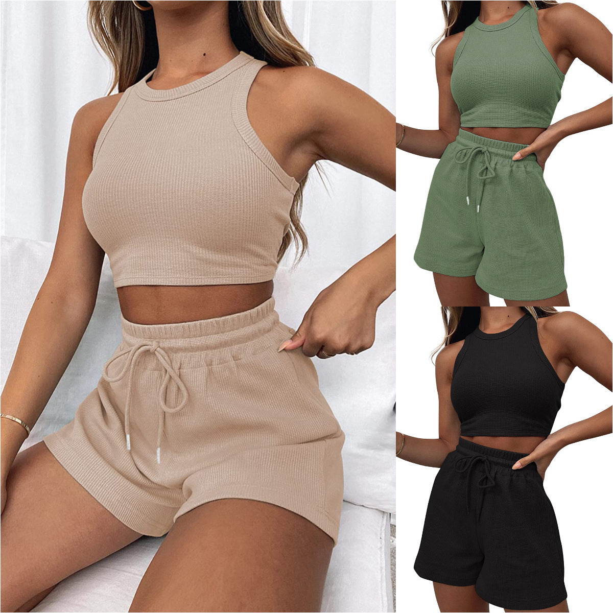 Women's Summer Sleeveless Waffle Solid Color Fashion Suits