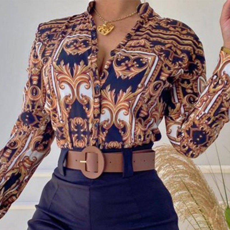 Women's Fashion Digital Printing Collar Long Sleeve Tops