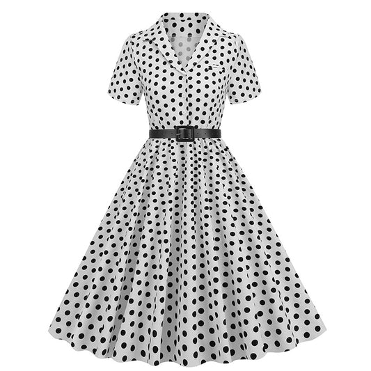 Women's Polka Dot Stitching Belt Sleeve Dress Dresses